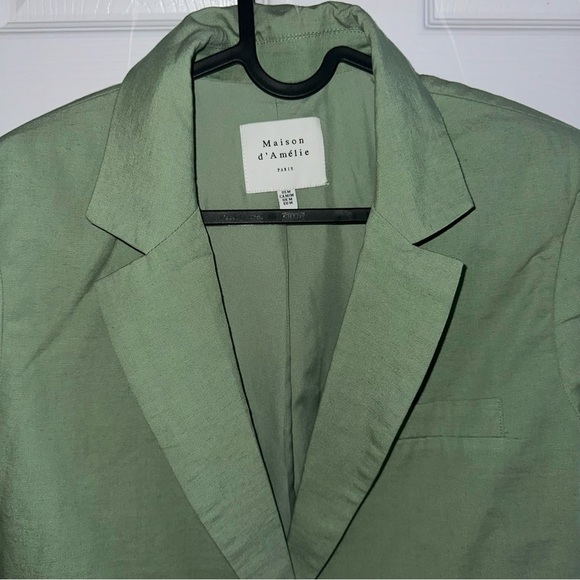 Maison D' Amelie Short Sleeve Linen Cropped Padded Blazer Top Green Size Medium - Picture 5 of 8